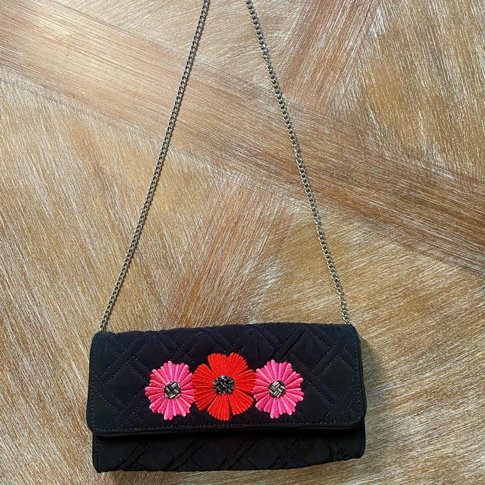 Vera Bradley beaded Floral Embroidered‎ Black Quilted Shoulder Bag/Clutch